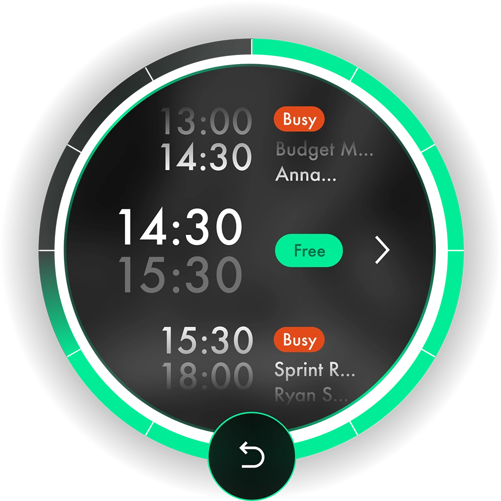 The scroll-able clock widget in a meeting room display app, where users can find and book an available time slot.