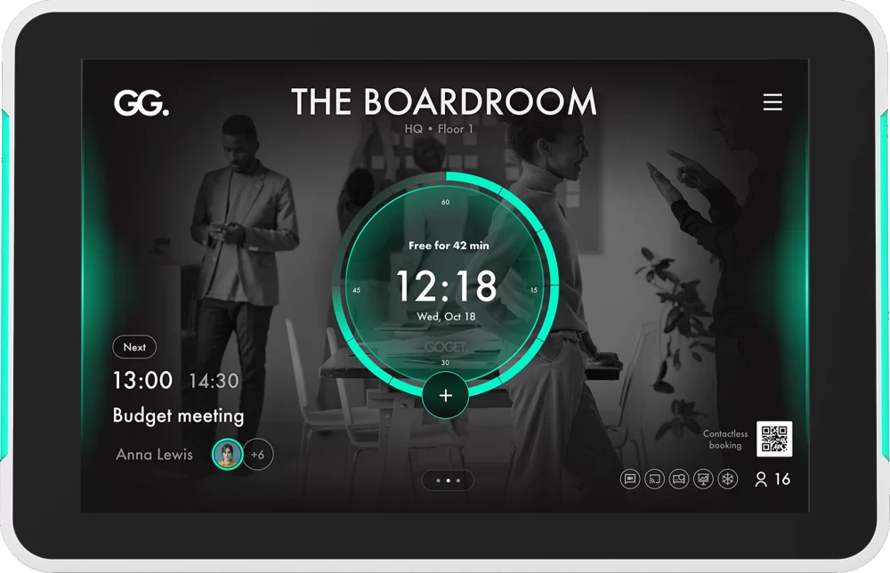 A tablet running a conference room booking app showing the availability and calendar of a meeting room as well as the room capacity and equipment.