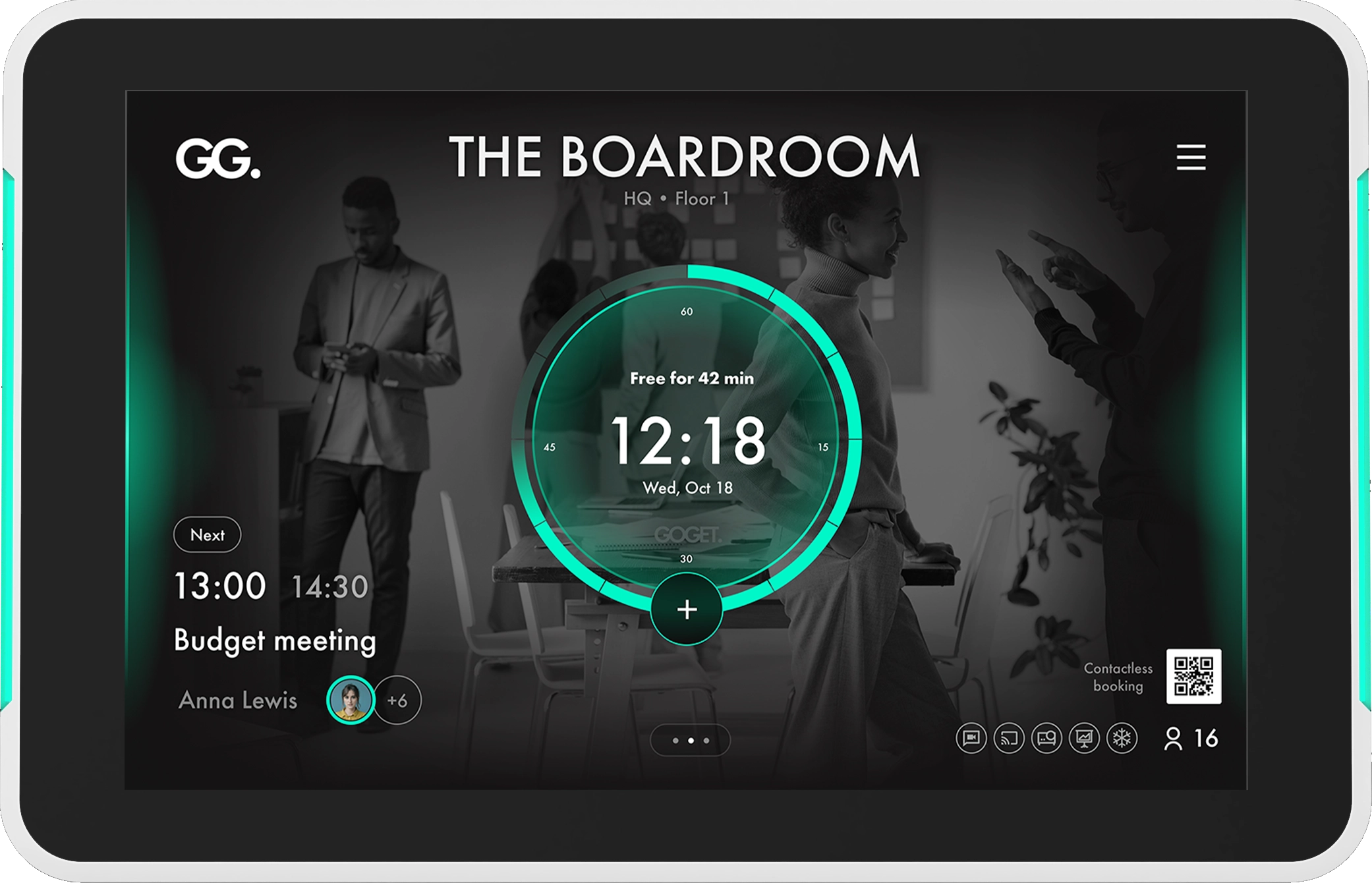 A tablet running a conference room booking app showing the availability and calendar of a meeting room as well as the room capacity and equipment.