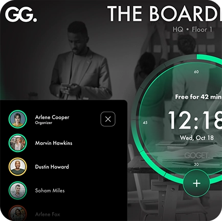 A meeting room display with a dynamic user interface where the user can see the meeting attendees.