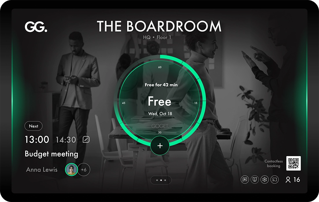 A generic, consumer grade Android Tablet running GoGet's room booking app.