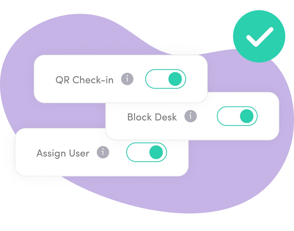 Different features in Goget's desk booking such as QR-check in, the option to block desks from being booked and to assign a desk to a user.