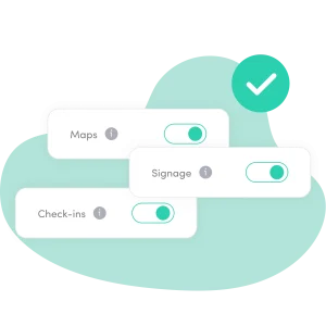 The maps, signage and Check-ins features of a meeting room or desk that can be adjusted with toggle switches.