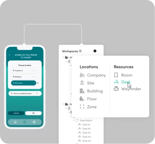 A smart phone running a desk booking app where the user can see the free-form workspace structure and find available desk in different locations.