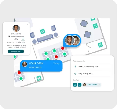 An interactive office map where users can find their teammates, their assigned desk and bookable desks.